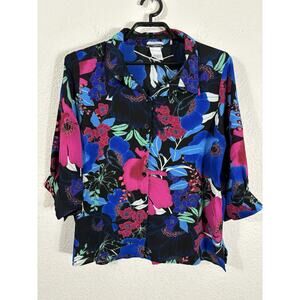 Vintage 80s Hawaiian Shirt Blouse Womens Petite Medium 3/4 Sleeve Semi Sheer